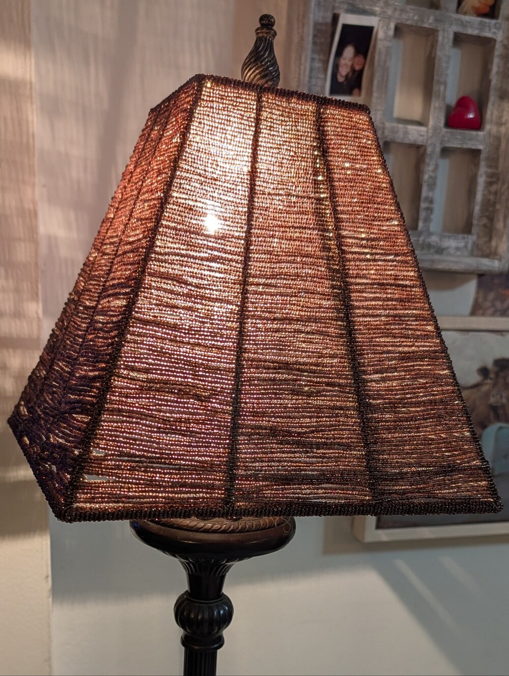 VTG Cocoa Brown Glass Bead Lamp Shade Sq. 10" Bohemian Country Warm Glow EUC